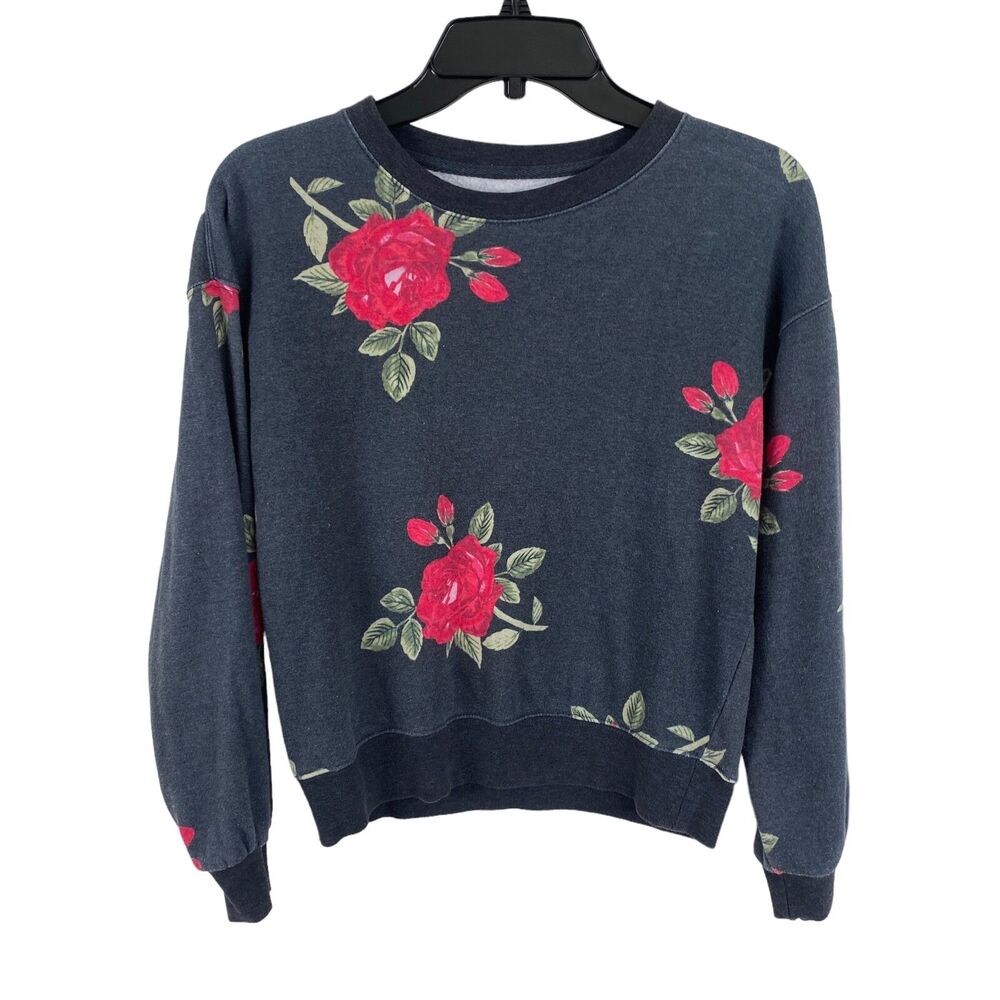 Amuse Society Sweatshirt Top Size XS Gray Floral Print Long Sleeves